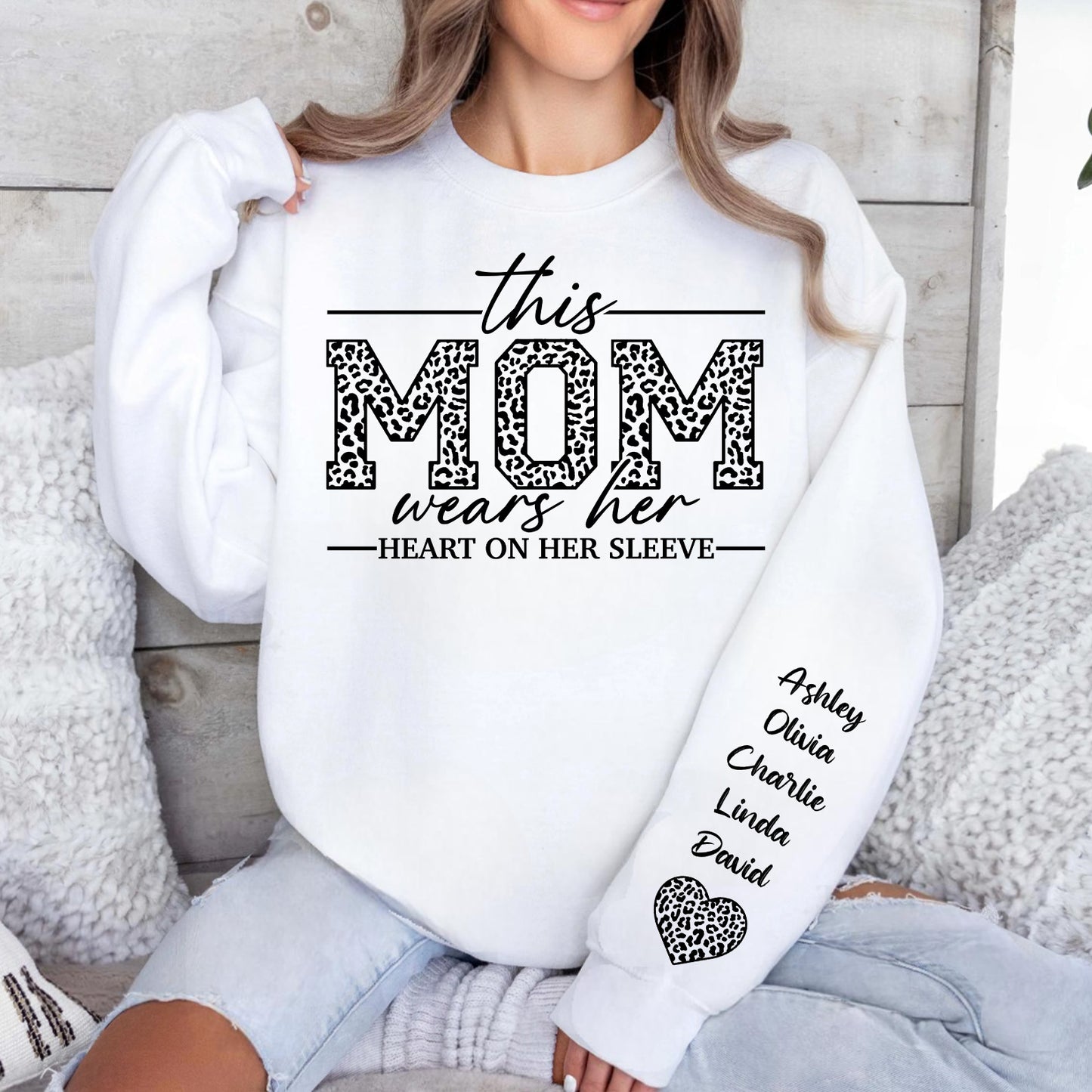 Custom Sweatshirt with Kids’ Names on Sleeve, I Wear My Heart on My Sleeve, Personalized Name Sweater, Front & Left Sleeve Print 683963