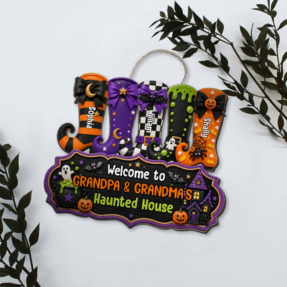 Personalized Halloween Wood Sign, Grandma Grandpa Haunted House Decor, Custom Name Witch Boots Door Sign 685858