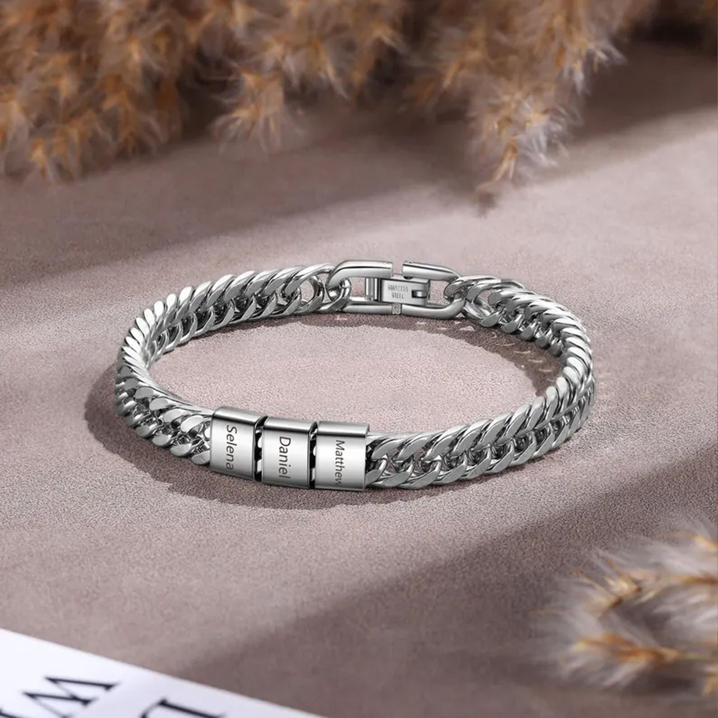 Custom Name Bead Steel Bracelet for Dad, Personalized Engraved Kids Names Bracelet Gift, Father's Day Gift 685039