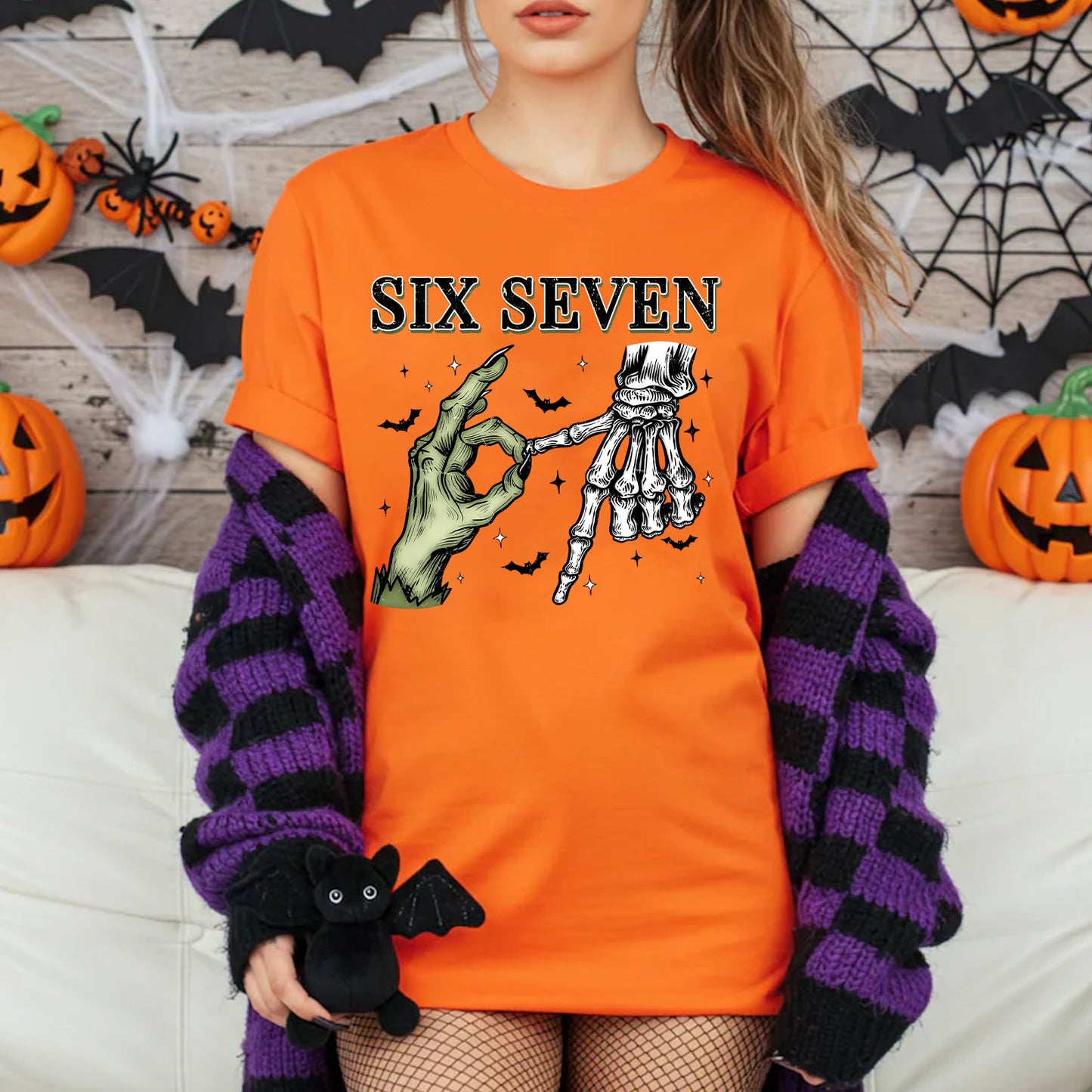 Halloween Six Seven Shirt | 6 7 Meme Skeleton Hands Halloween Sweatshirt | Spooky Skull Sweatshirt | Funny Halloween Shirt 683182