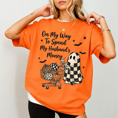Funny Halloween Ghost Shopping Sweatshirt, On My Way to Spend My Husband’s Money Shirt, Fall Pumpkin Sweatshirt 685845