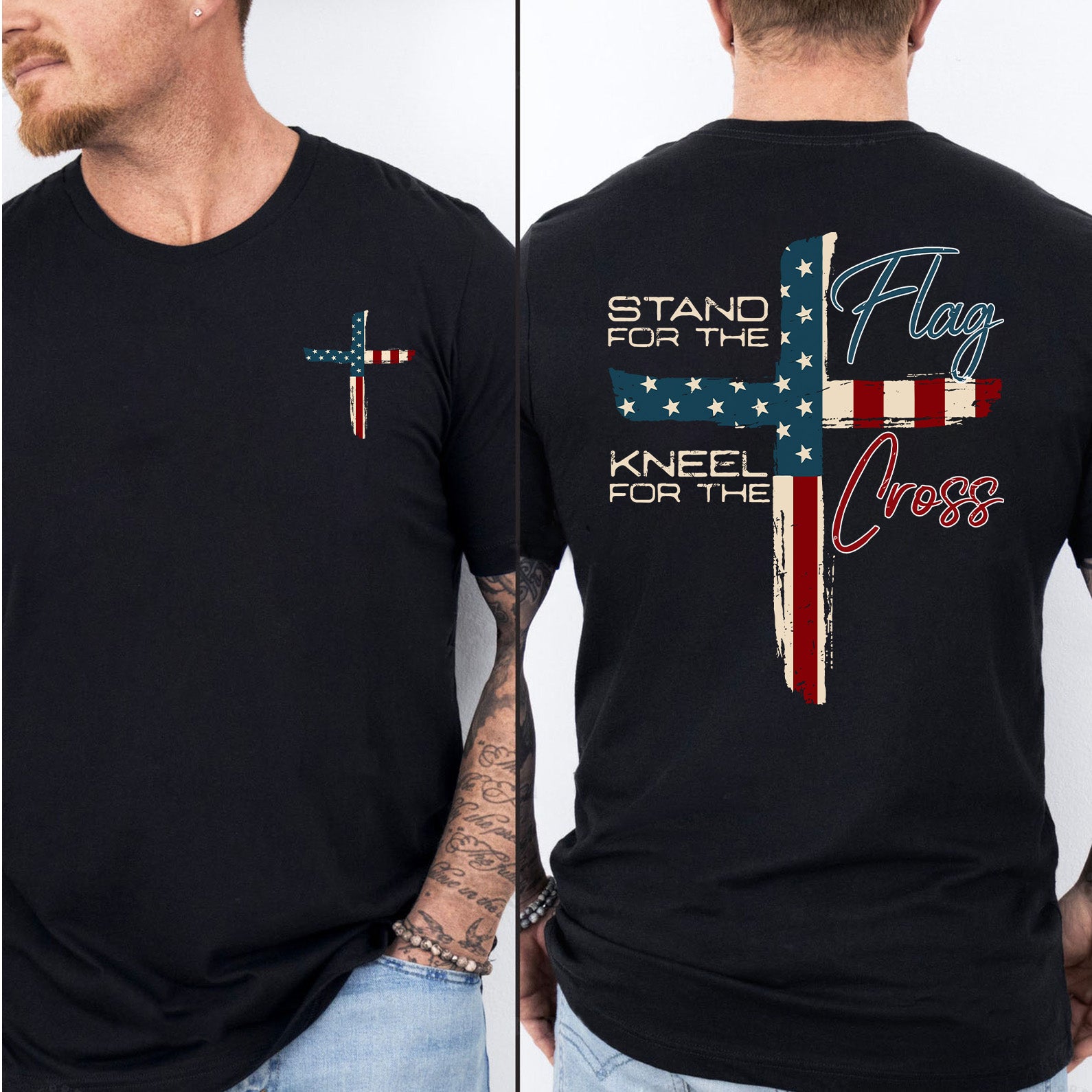 Stand For The Flag Kneel For The Cross Christian Shirt | USA Flag Cross Patriotic T-Shirt | 4th of July Front & Back Shirt 683190