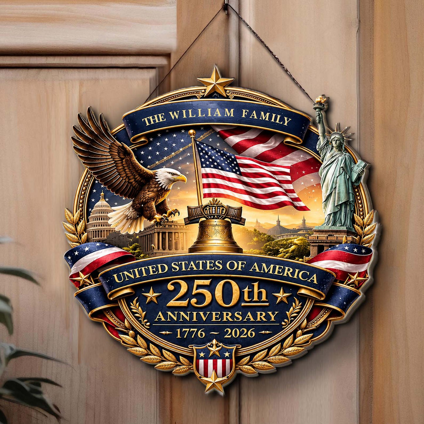 Personalized Family Name 250 Years Patriotic USA Wood Sign, American Eagle 1776-2026 Door Decor 684975