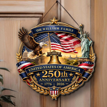 Personalized Family Name 250 Years Patriotic USA Wood Sign, American Eagle 1776-2026 Door Decor 684975