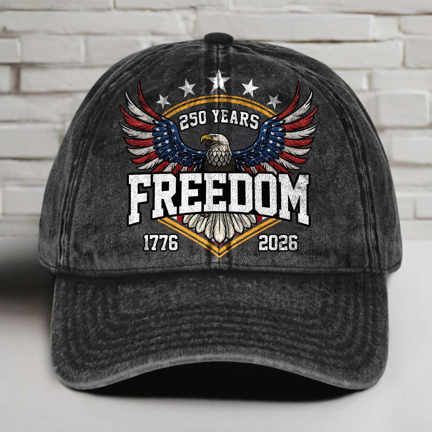 250 Years of Freedom Vintage Washed Denim Baseball Cap | Patriotic 1776–2026 Anniversary Hat 683696