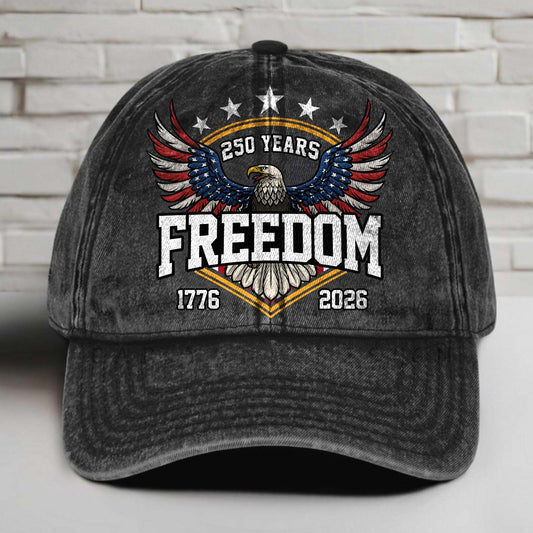 250 Years of Freedom Vintage Washed Denim Baseball Cap | Patriotic 1776–2026 Anniversary Hat 683696