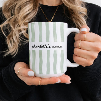 Personalized New Mom Mug, Custom Name Stripe Coffee Cup, First Time Mom Gift, White Mug Accent Mug 684792