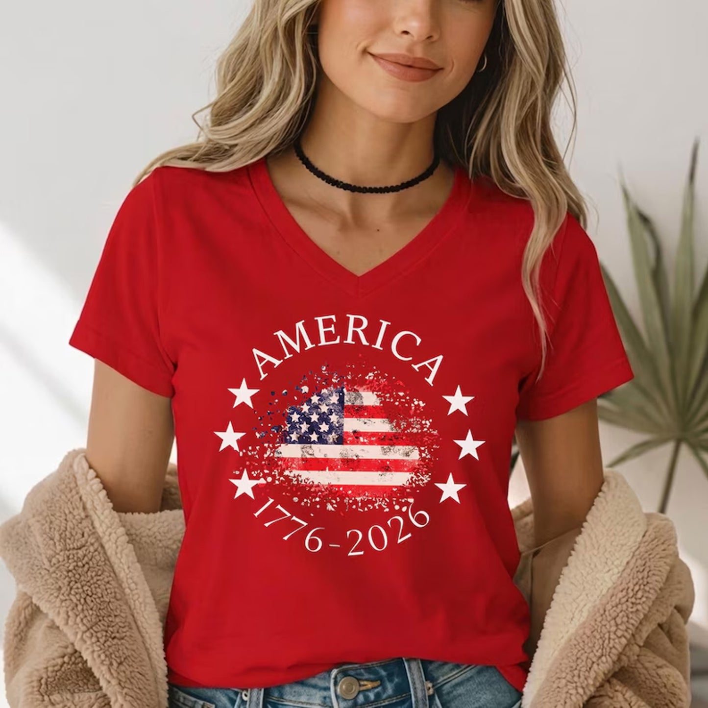 250 Years USA Anniversary V-Neck Shirt, America 1776-2026 Patriotic Flag Women Tee 685342 WFD