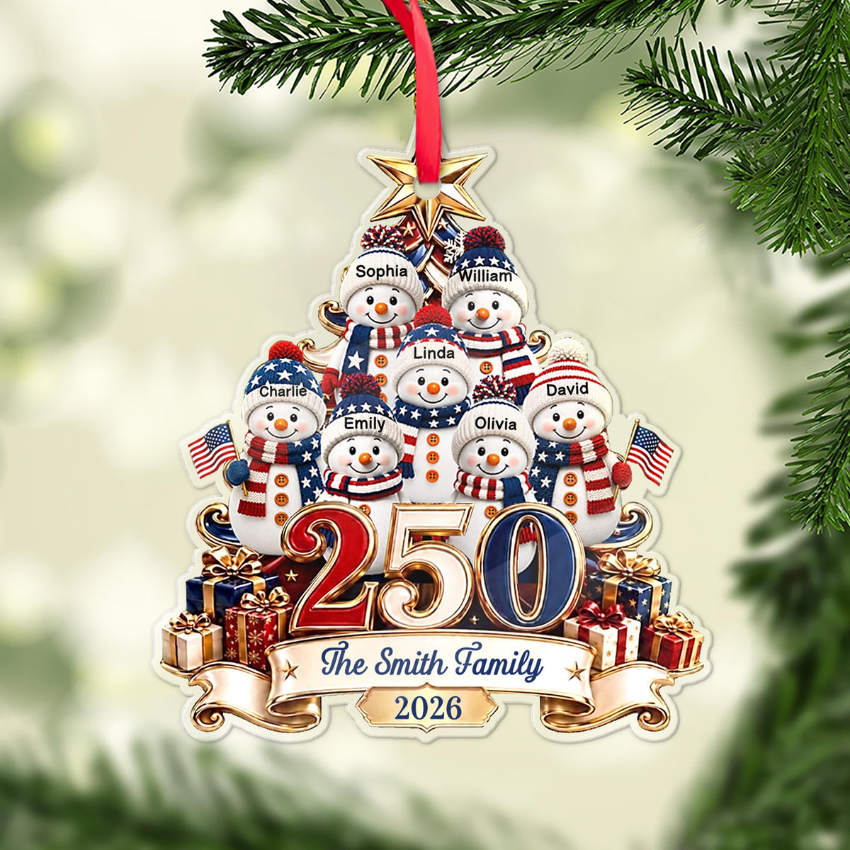 Custom 250 Years of America Snowman Acrylic Ornament, Personalized Family Name Christmas Ornament 685960