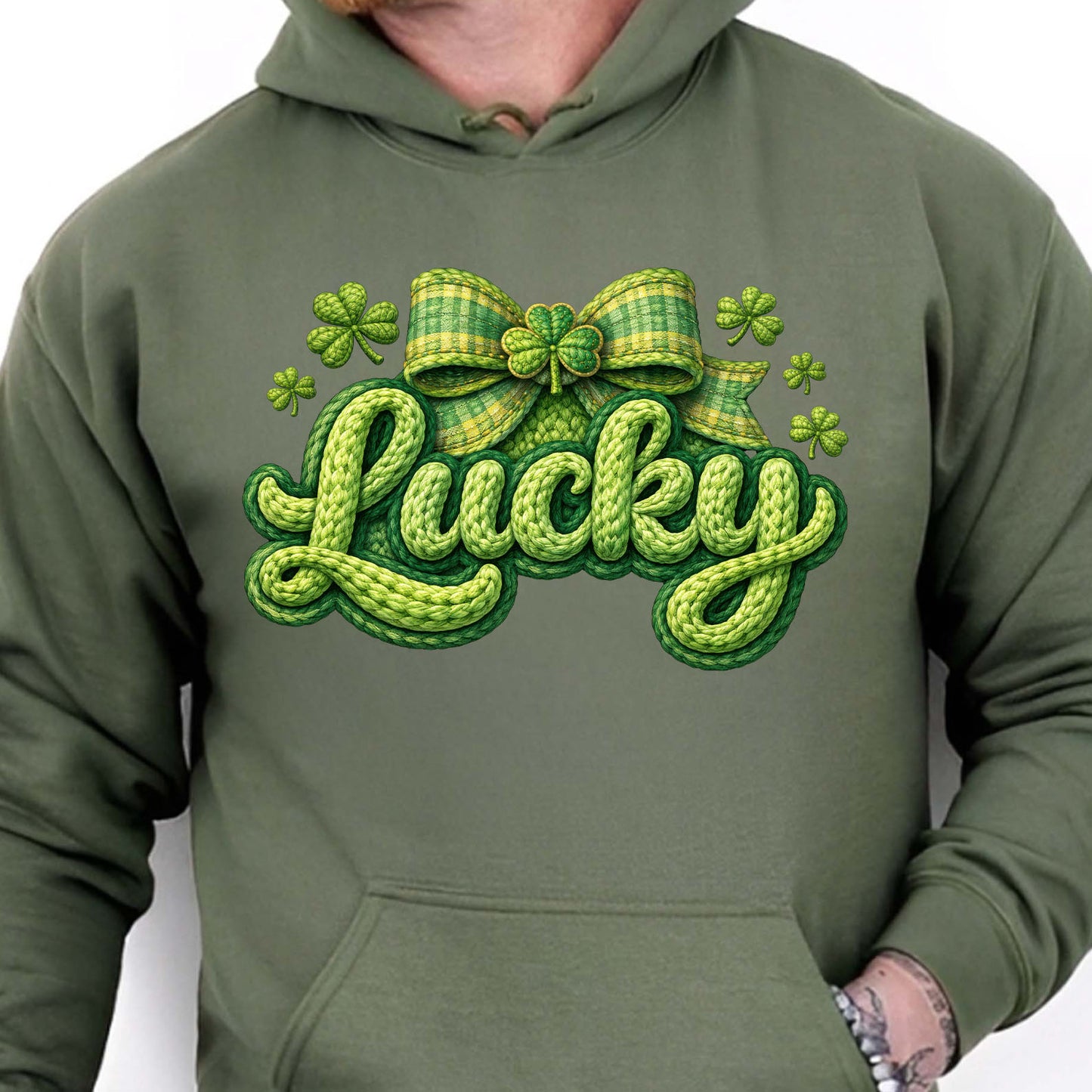 St. Patrick’s Day Lucky Shirt, Faux Yarn Patrick’s Day Tee, Latch Hook Yarn Lucky Faux Embroidery T-Shirt 684191