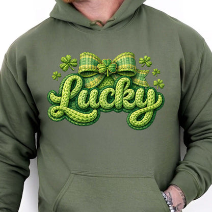 St. Patrick’s Day Lucky Shirt, Faux Yarn Patrick’s Day Tee, Latch Hook Yarn Lucky Faux Embroidery T-Shirt 684191
