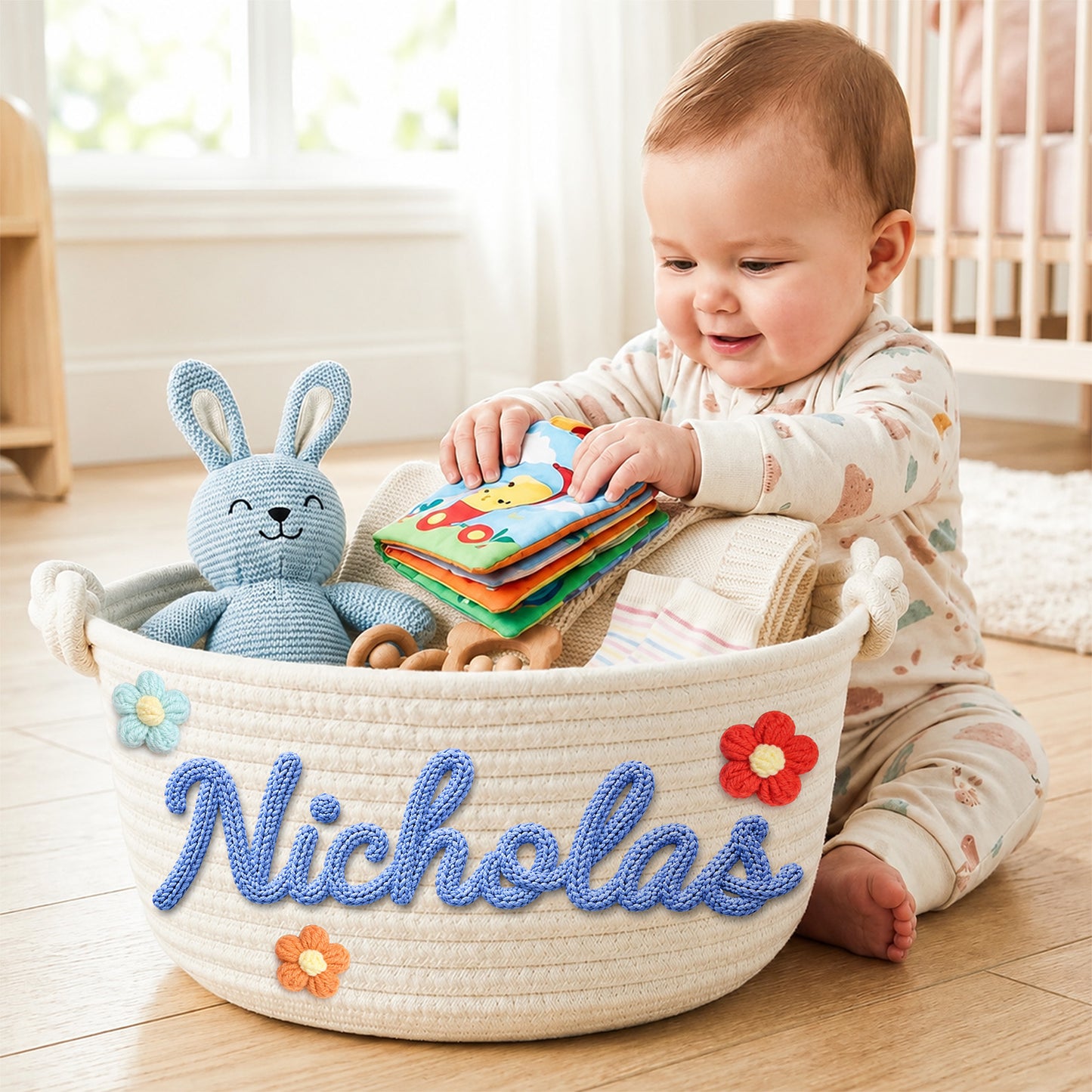 Personalized Baby Gift Basket, Custom Name Woven Nursery Storage Basket, Back to School Toy Bin Gift 685570