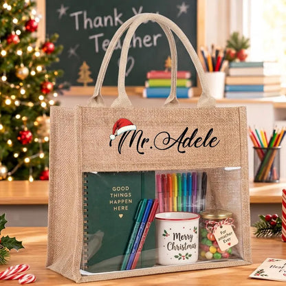 Personalized Teacher Christmas Tote Bag, Custom Name Jute Gift Bag, Christmas Teacher Appreciation Gift 686758 WFD