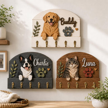 Personalized Pet Wooden Key Holder, Custom Dog Cat Name Sign, Pet Leash Hook Wall Rack, Dog Lover Gift 686034 WFD