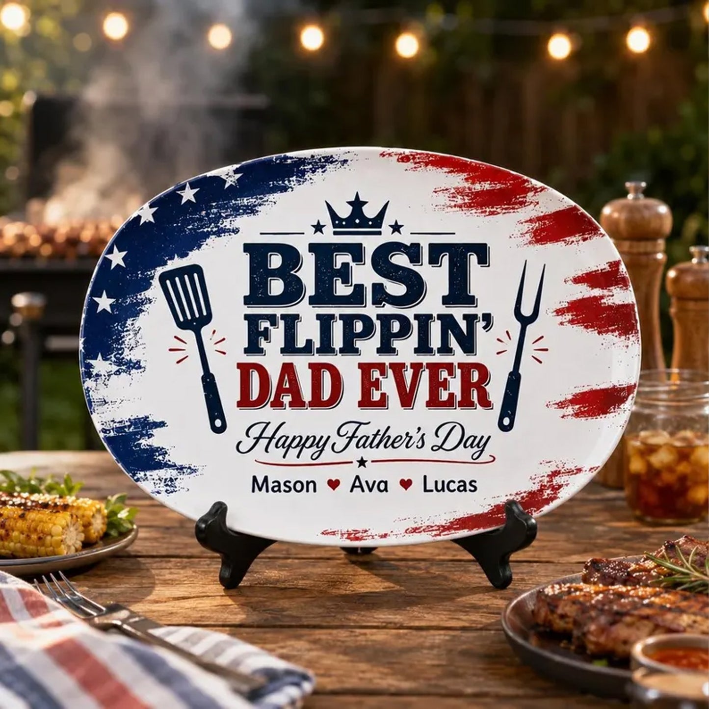 Personalized Best Flippin Dad Ever Grilling Plate, Custom Patriotic BBQ Platter Gift for Dad, Father's Day Gift 685147