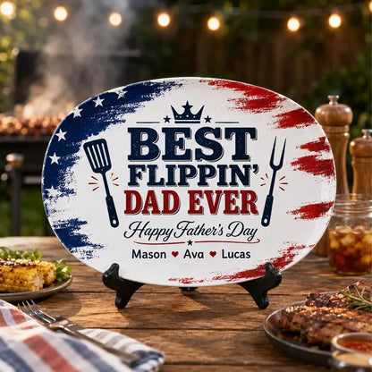Personalized Best Flippin Dad Ever Grilling Plate, Custom Patriotic BBQ Platter Gift for Dad, Father's Day Gift 685147
