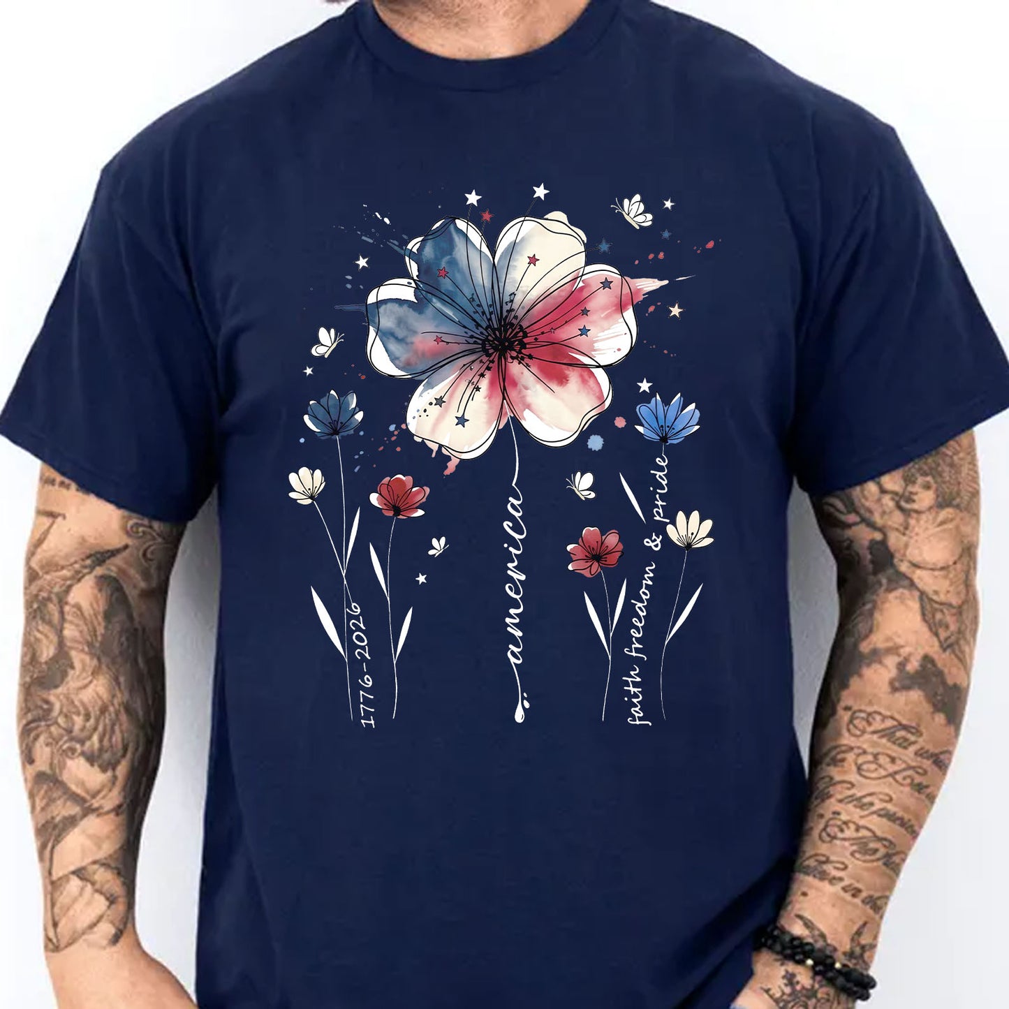 USA 250 Years Anniversary Floral Shirt, 1776–2026 Patriotic Wildflower T-Shirt, Freedom 4th of July Dark Tee 684940