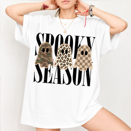 Retro Patchwork Ghosts Halloween Shirt, Checkered Leopard Camo Ghost Tee, Trendy Spooky Season Fall Shirt 685864