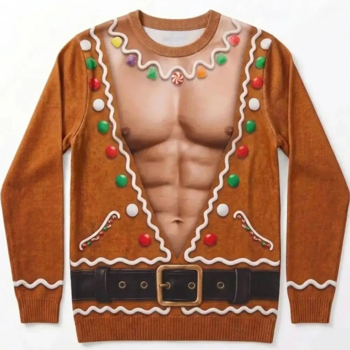 Funny Christmas Ugly Sweater for Men, Fake Chest Elf & Gingerbread All-Over Print Sweatshirt 686160 WFD
