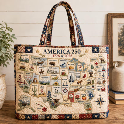250 Years of America Tote Bag, Patriotic USA Map Quilted Shoulder Bag, 1776-2026 State Travel Tote 685183