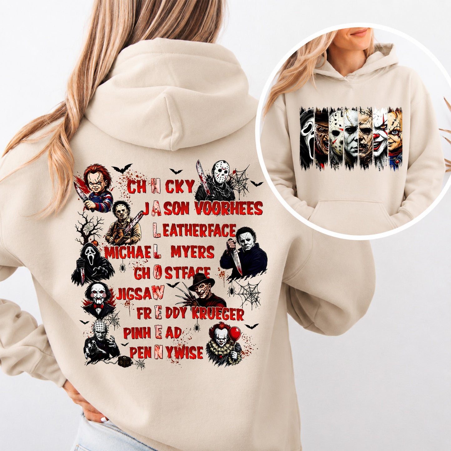 Horror Characters Front & Back Shirt, Classic Slasher Movie Halloween T-Shirt, Spooky Horror Fan Tee 686006