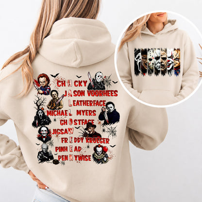 Horror Characters Front & Back Shirt, Classic Slasher Movie Halloween T-Shirt, Spooky Horror Fan Tee 686006