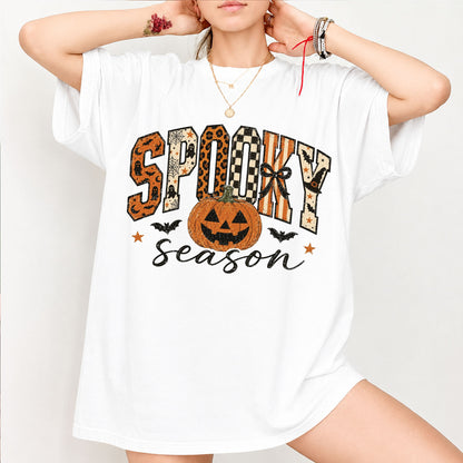 Spooky Season Halloween Shirt, Retro Checkered Leopard Pumpkin Tee, Girly Vintage Halloween Shirt 685867