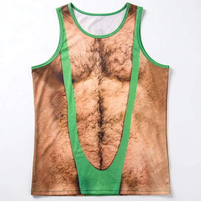 Funny Fake Hairy Chest Tank Top, Men’s Muscle Body Graphic Tank, Hilarious Beach Vacation Shirt, Gag Gift 686030 WFD