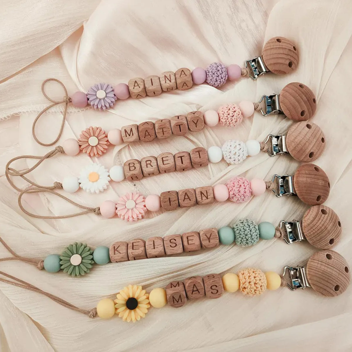Personalized Baby Pacifier Clip, Custom Name Wooden Bead Dummy Clip, Floral Binky Holder, Baby Shower Gift 686879 WFD