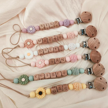 Personalized Baby Pacifier Clip, Custom Name Wooden Bead Dummy Clip, Floral Binky Holder, Baby Shower Gift 686879 WFD