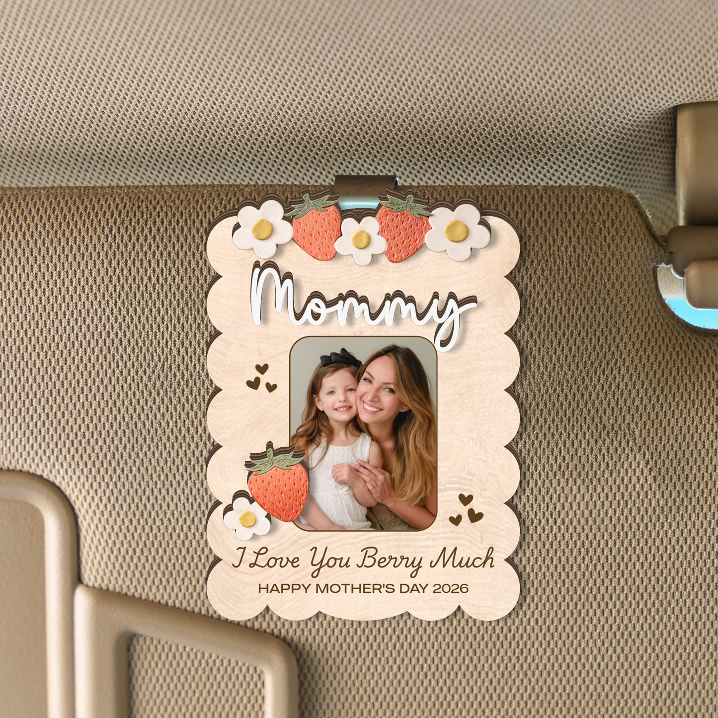 Personalized Photo Car Visor Clip, Custom Mom Wood Visor, Strawberry Gift for Grandma, Mothers Day Gift 684719