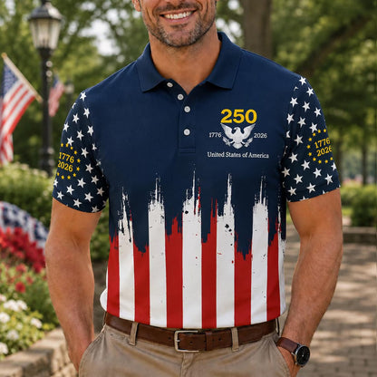 250 Years 1776–2026 USA Polo Shirt, Patriotic Eagle Golf Polo, American Flag 4th of July AOP Polo Shirt 685262