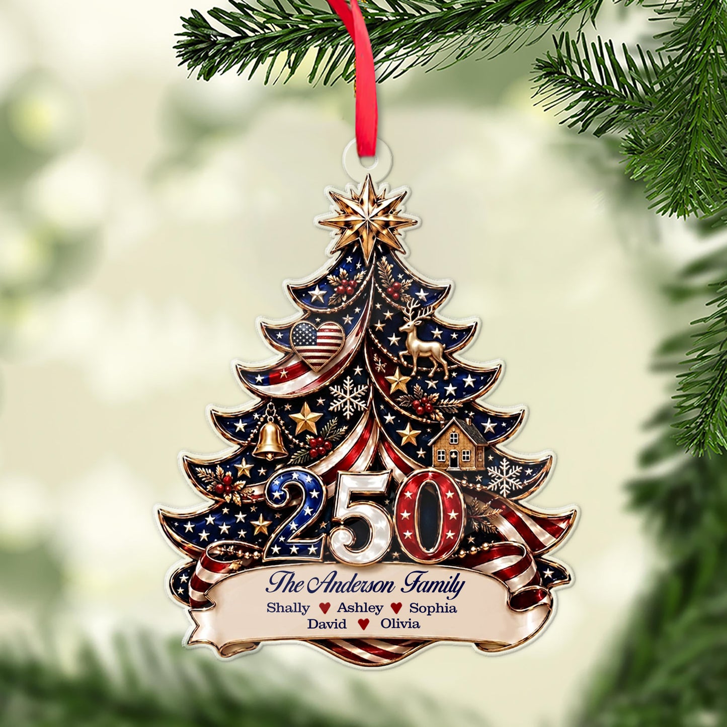 Personalized USA 250th Anniversary Acrylic Ornament, Custom Family Name Patriotic Christmas Decor 685886