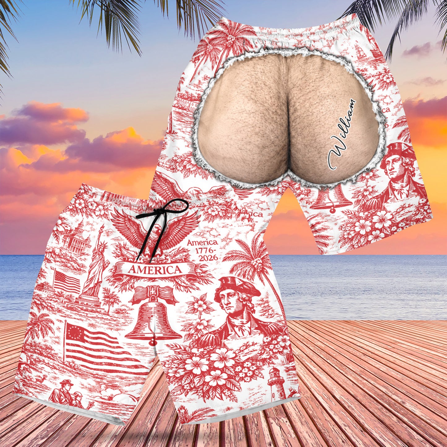 250 Years of America Funny Beach Shorts, Custom Name Patriotic Swim Trunks, Vintage USA AOP Shorts 685632