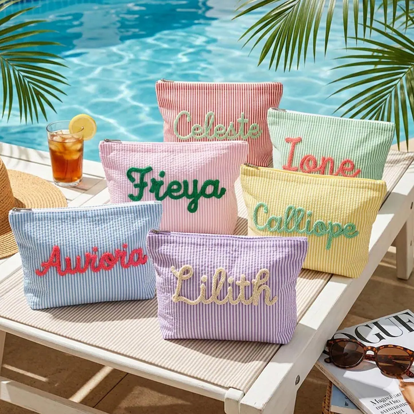 Personalized Seersucker Makeup Bag, Custom Name Travel Pouch, Beach Cosmetic Bag Gift for Her 684924