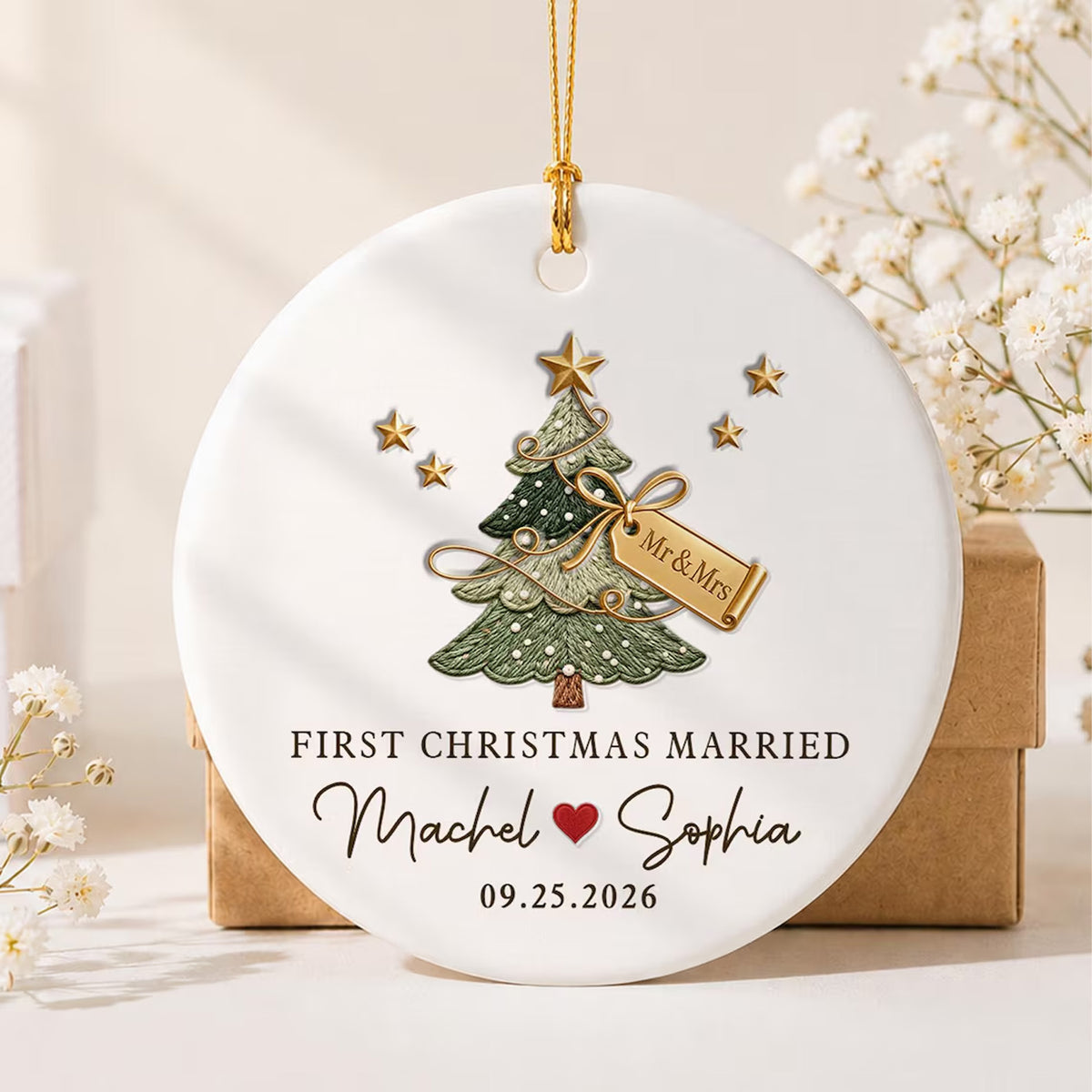 Personalized First Christmas Married Ceramic Ornament, Custom Names & Wedding Date Christmas Ornament 686969 WFD