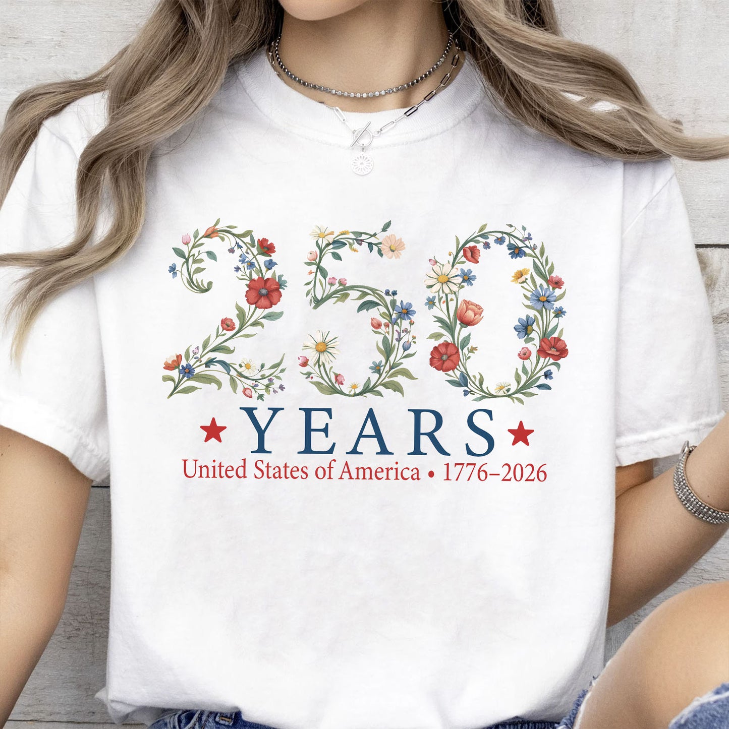 USA 250 Years Anniversary Floral T-Shirt, 1776–2026 Patriotic Botanical Shirt, American Freedom Tee 684915