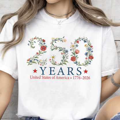 USA 250 Years Anniversary Floral T-Shirt, 1776–2026 Patriotic Botanical Shirt, American Freedom Tee 684915