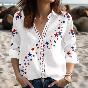 250 Years Patriotic Star Print Women's Blouse Shirt, USA Flag 4th of July Shirt, Red White Blue Summer Shirt 685246 WFD