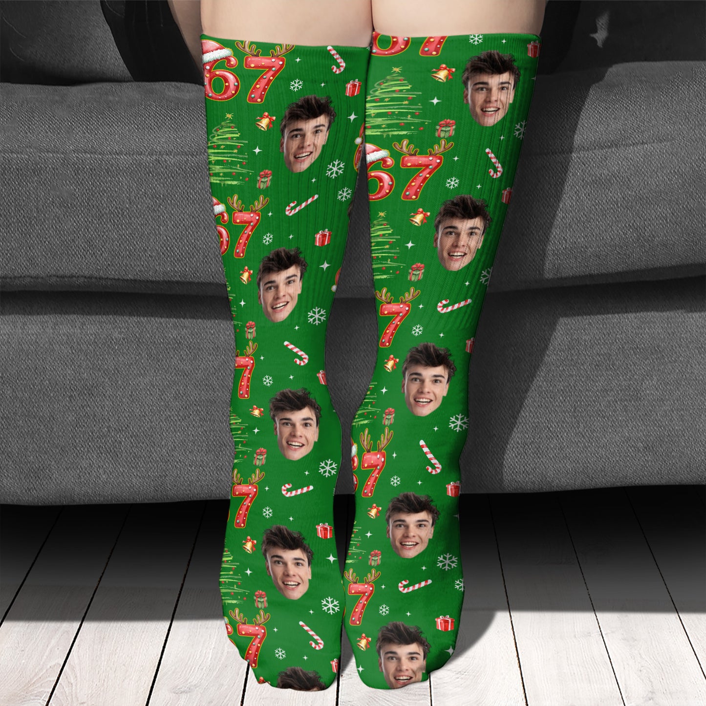 Custom Photo Face 6 7 Christmas Socks | Personalized Funny Six Seven Meme Socks for Christmas 683685