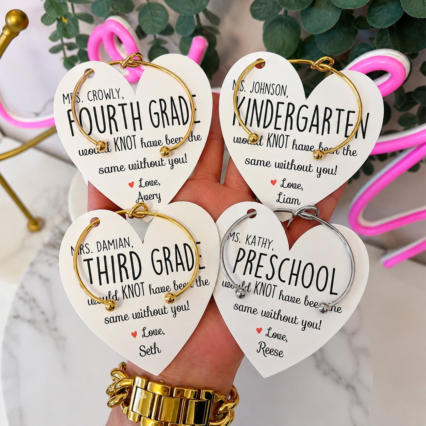 Personalized Teacher Knot Bangle, End of Year Teacher Appreciation Gift, Custom Heart Card Bracelet 685807 WFD