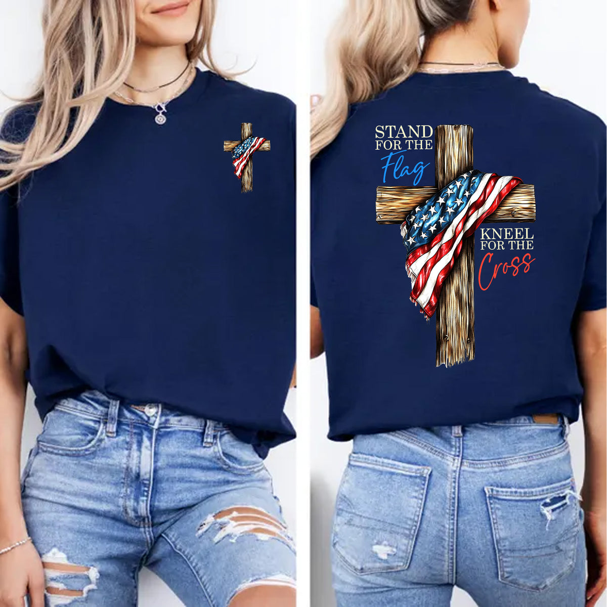 Stand For The Flag Kneel For The Cross Shirt | Patriotic Christian Tee | USA Flag Cross 4th of July Pocket & Back Shirt 683191