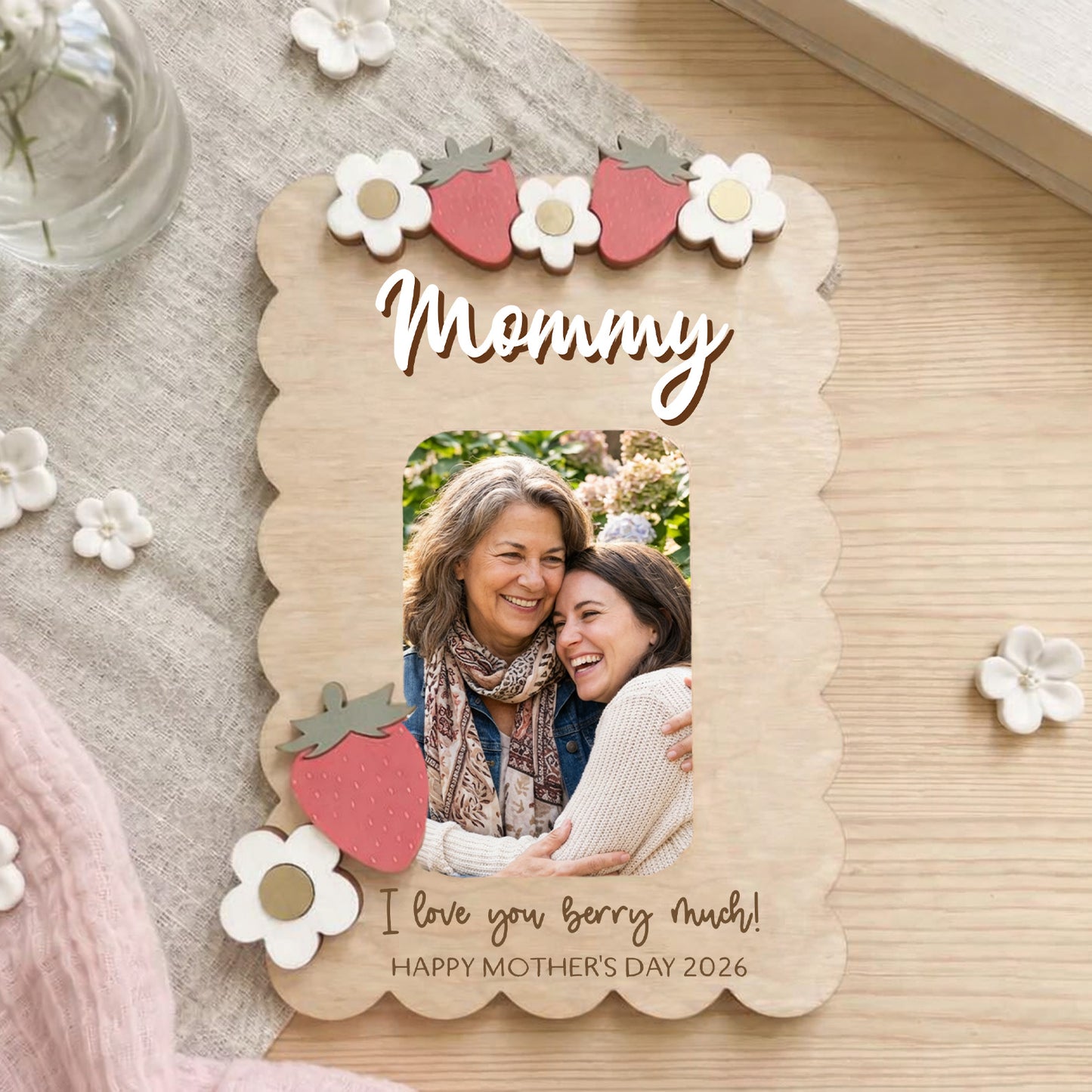 Personalized Wooden Photo Magnet, Custom Mom Fridge Magnet, Strawberry Gift for Grandma, Mother’s Day Gift 684678
