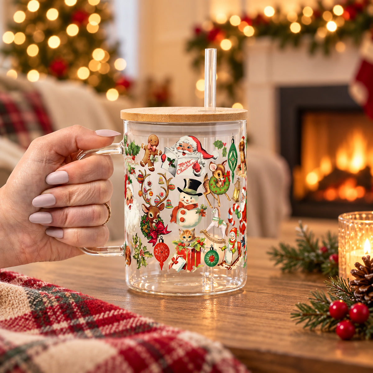 Nostalgic Christmas Glass Cup 17oz, Vintage Christmas Glass Mug with Bamboo Lid & Straw, Christmas Gift 686697 WFD