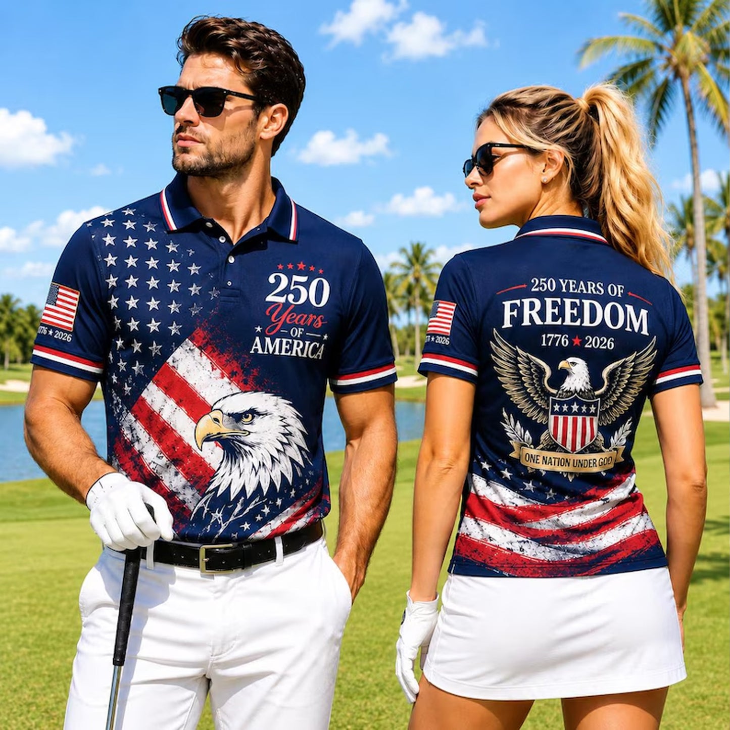 250 Years of America Golf Polo Shirt, Patriotic USA Flag Eagle Polo, 4th of July AOP Golf Shirt 685182 WFD