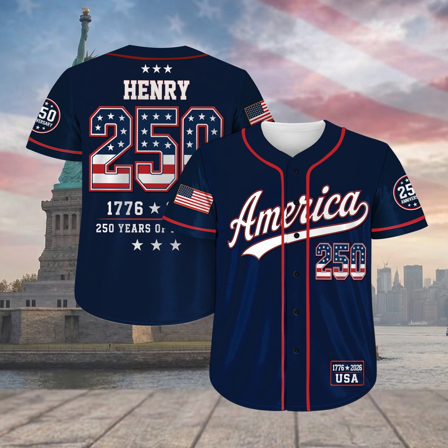 Personalized 250 Years Of Freedom Baseball Jersey, USA 1776-2026 Patriotic Anniversary Shirt 685173