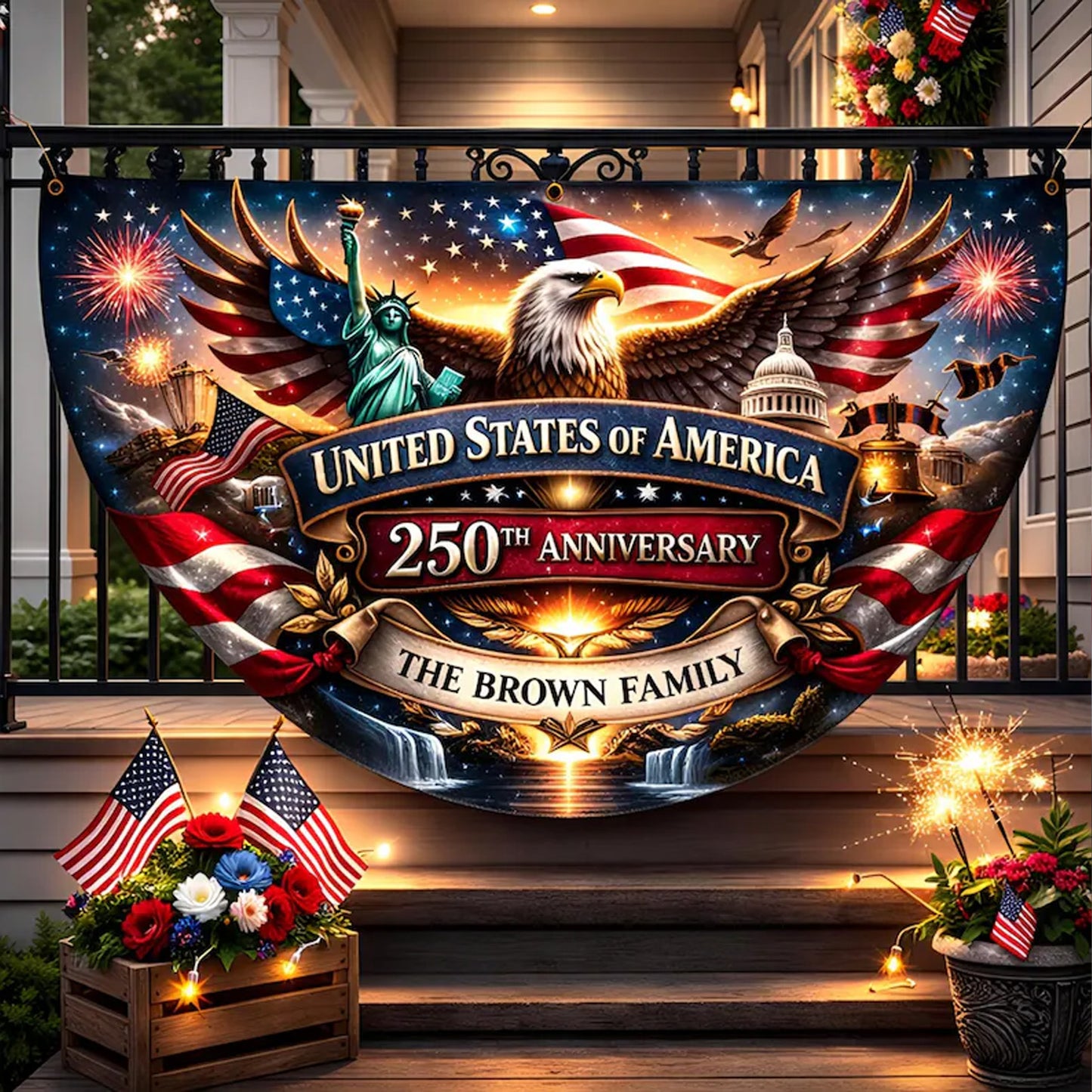 Personalized 250 Years Anniversary Semicircle Fence Flag, Custom Family Name USA 1776-2026 Flag 685281 WFD