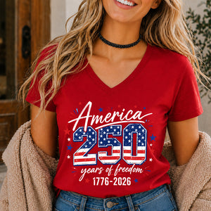 250 Years of America V-Neck Shirt, USA 1776-2026 Patriotic Flag Tee, Women's Independence Day Shirt 685276