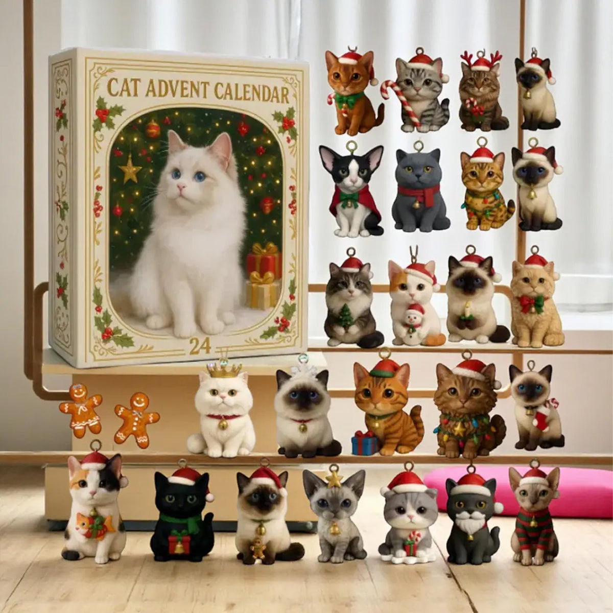 2D Acrylic Cat Christmas Advent Calendar, 24 Mini Cat Figurines, Cat Lover Christmas Decor Gift 686318 WFD