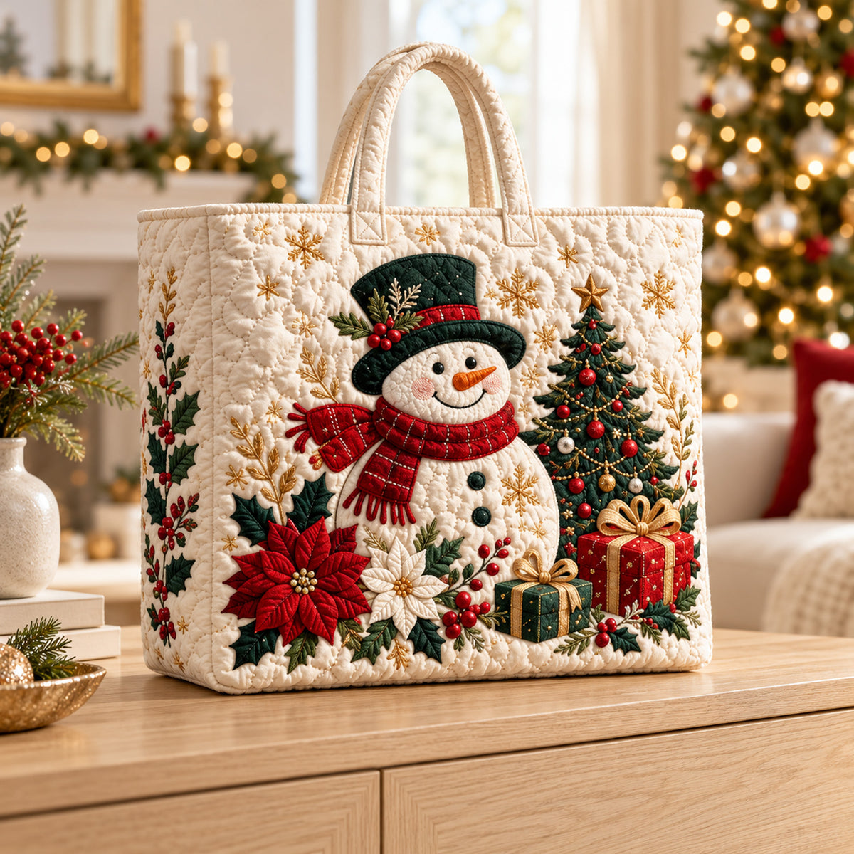 Christmas Quilted Tote Bag, Snowman & Christmas Tree Holiday Handbag, Festive Gift for Mom, Grandma 686748 WFD